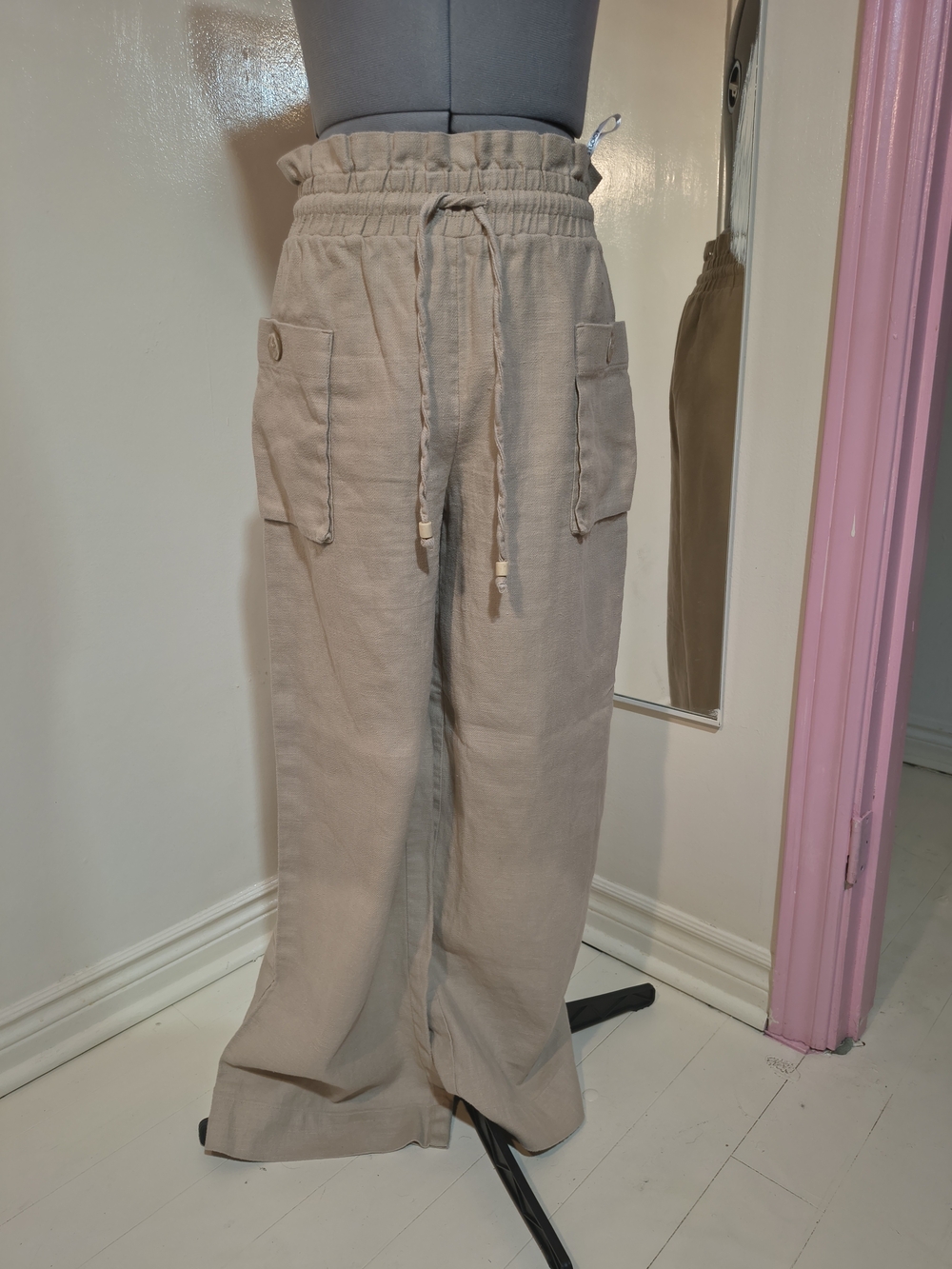 Beige Paperbag Waist Wide-Leg Cargo Pants